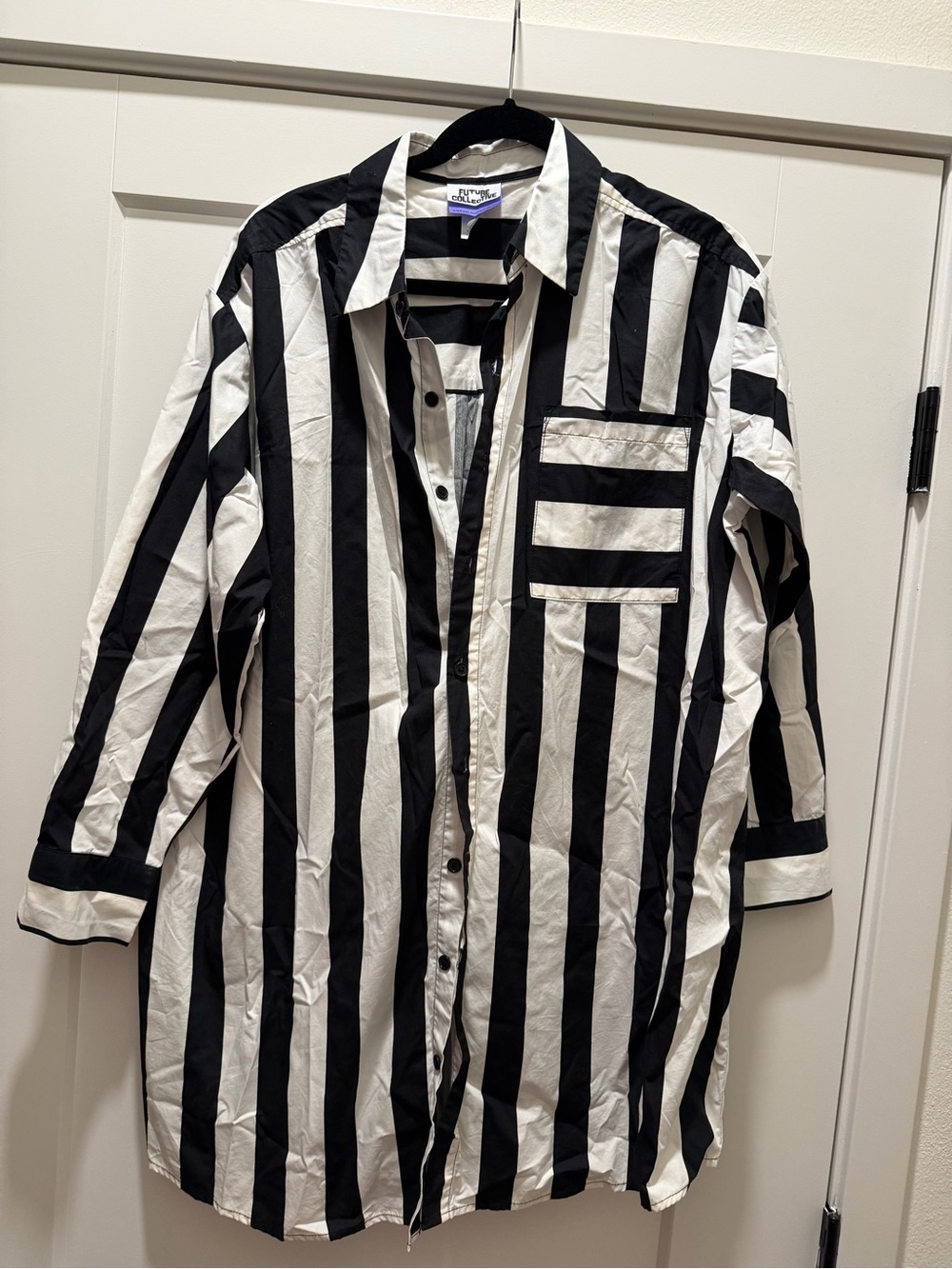 KBB Future Collective Black & White Vertical Stripe Button-Up Shirt Dress